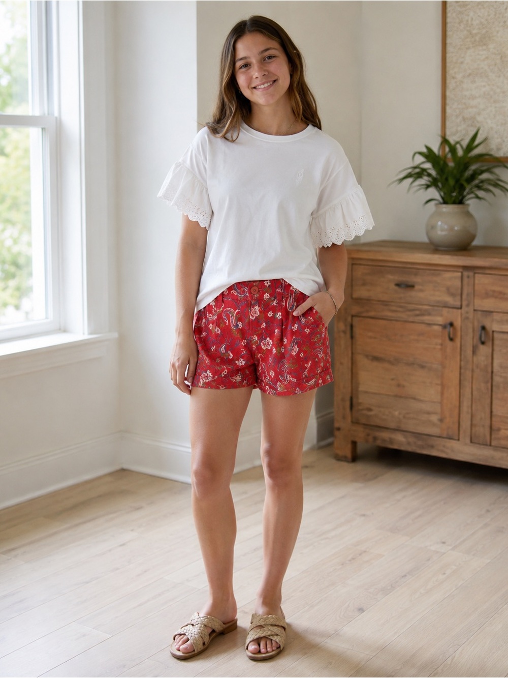 Polo by Ralph Lauren White Eyelet-Sleeve Top with Red Paisley Shorts Set